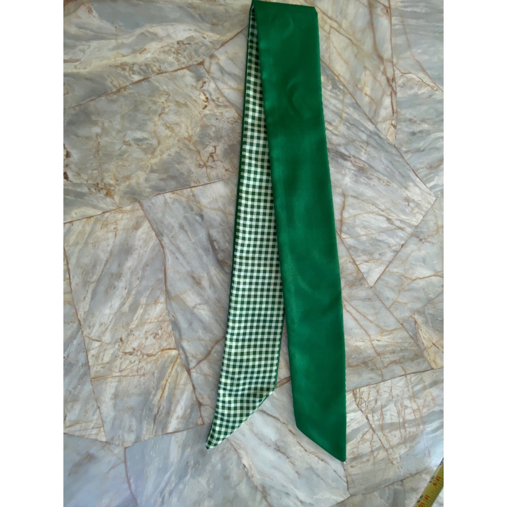 Green White Gingham Reversible Skinny Scarf Emerald Satin Hair Ribbon Necktie - Picture 8 of 9